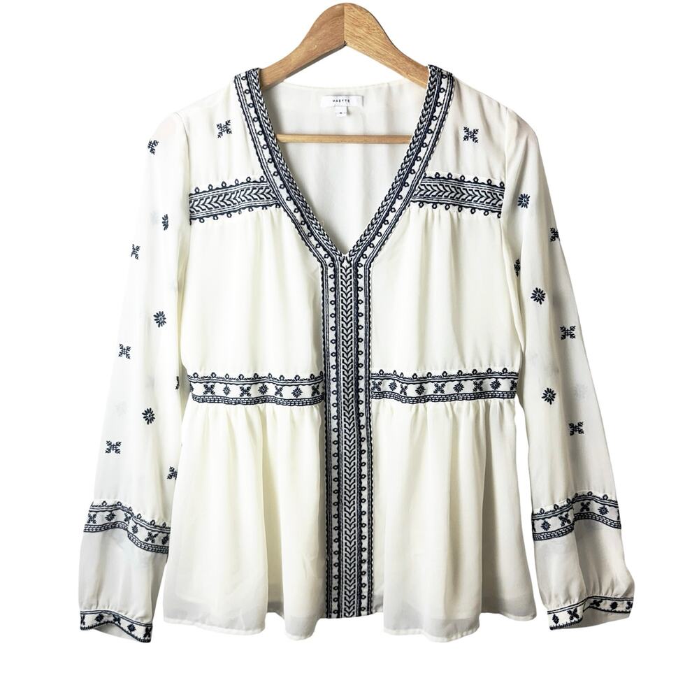 Maette Boho Top Embroidered Womens Romantic White Blue Hippie Festival